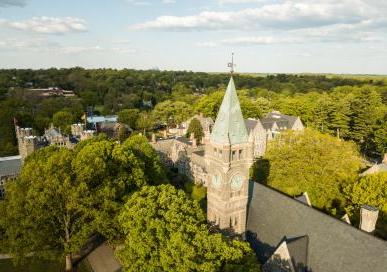 Birds eye view of Taylor Hall and the Bryn Mawr College campus