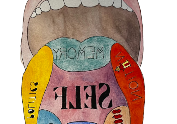 一张手画的张开的嘴巴，舌头伸出来. 舌头分为彩色部分，从左起顺时针标记为“国家”。, “记忆”, “政治”, “类”, “历史”, “文化”, 在中心, “自我”.